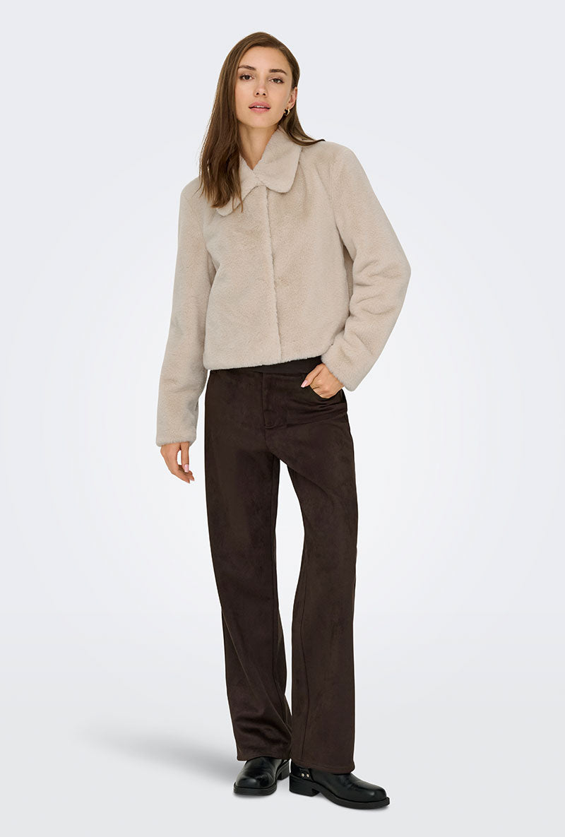 Front image of a model wearing Macy faux fur jacket in beige, by brand Jacqueline de yong