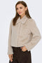 Front image of a model wearing the Macy faux fur jacket in beige, by brand Jacqueline de yong