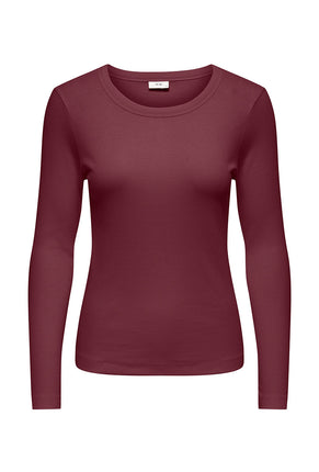Front image of Lucky l/s oneck top in burgundy, by brand Jacqueline de yong