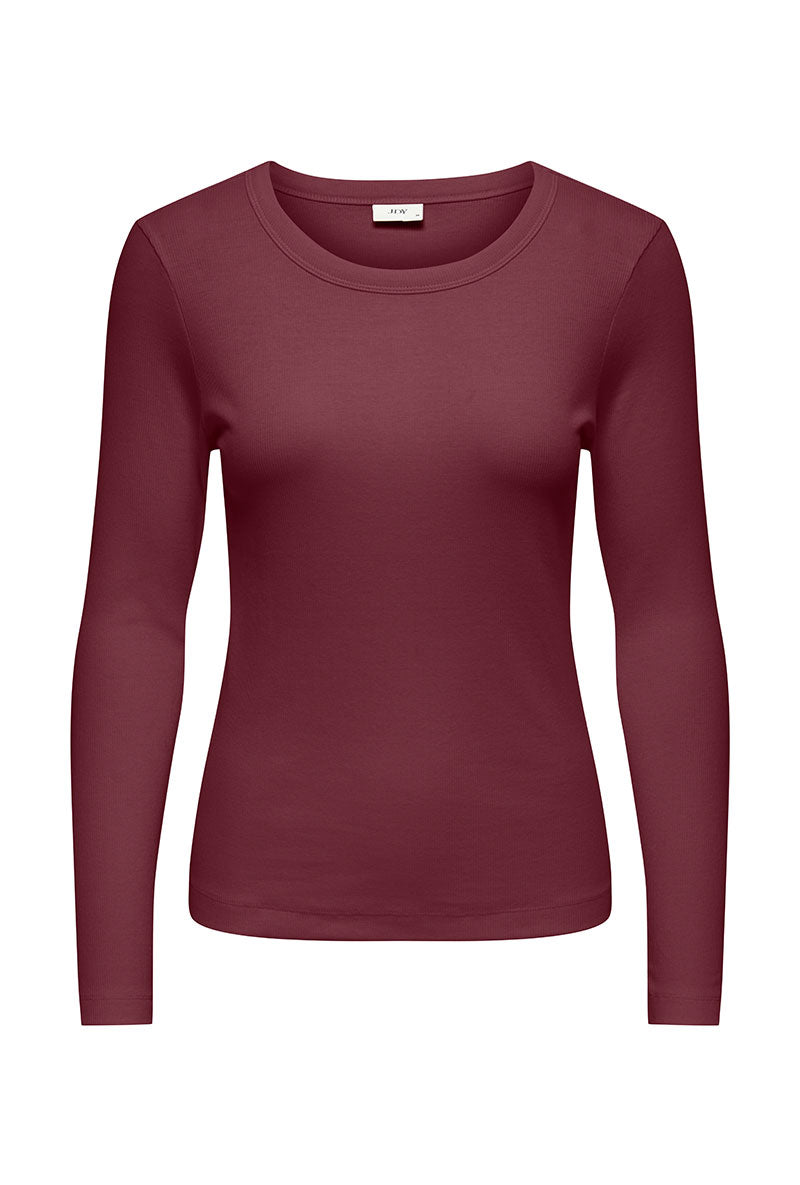 Front image of Lucky l/s oneck top in burgundy, by brand Jacqueline de yong