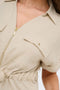 Front image of a model wearing the Mille ss zip shirt in beige, by brand Jacqueline de yong