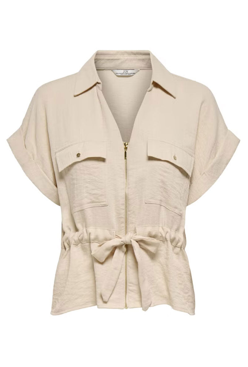 Front image of Mille ss zip shirt in beige, by brand Jacqueline de yong