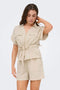 Front image of a model wearing Mille ss zip shirt in beige, by brand Jacqueline de yong
