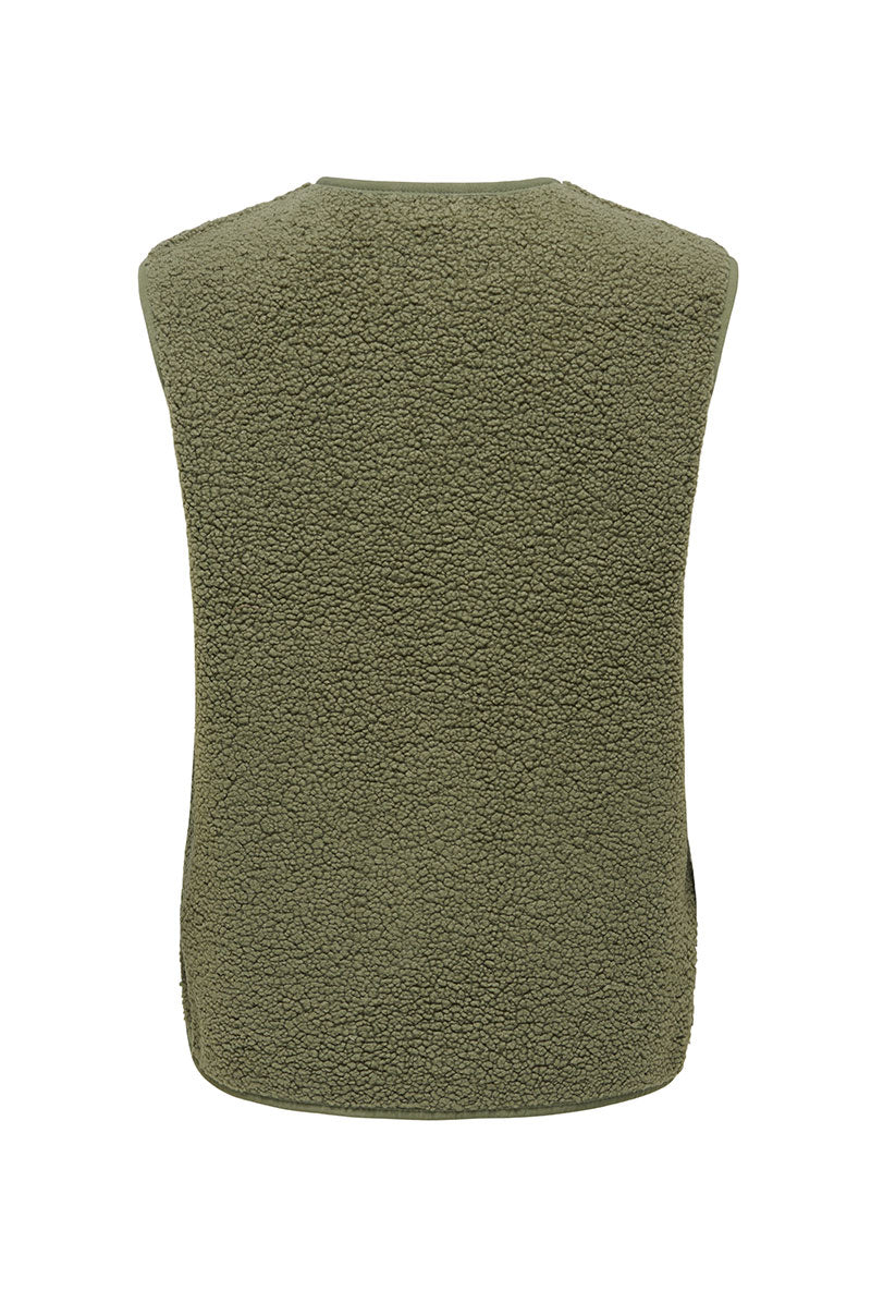 Back image of Simina teddy waistcoat in olive, by brand Jacqueline de yong