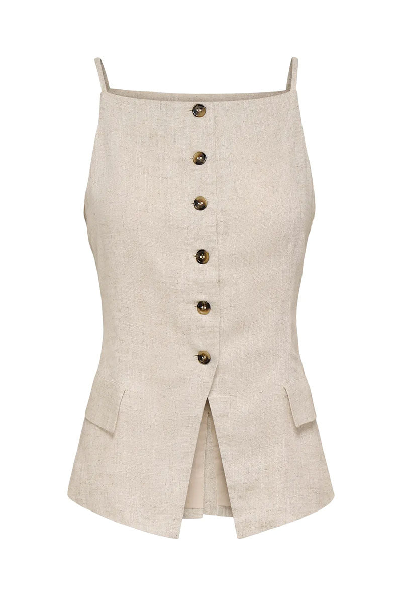 Front image of Molly linen sl waistcoat in oat, by brand Jacqueline de yong