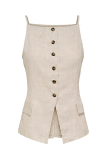 Front image of the Molly linen sl waistcoat in oat, by brand Jacqueline de yong
