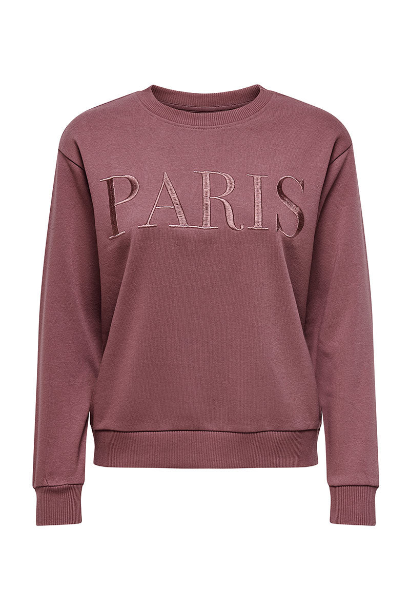 Front image of Paris l/s glitter sweatshirt in burgundy, by brand Jacqueline de yong