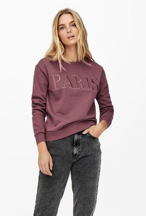 Front image of a model wearing Paris l/s glitter sweatshirt in burgundy, by brand Jacqueline de yong