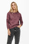 Front image of a model wearing Paris l/s glitter sweatshirt in burgundy, by brand Jacqueline de yong