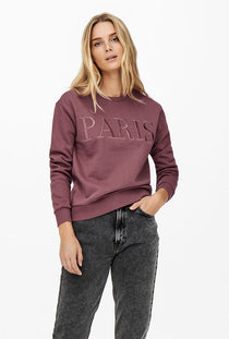 Front image of a model wearing the Paris l/s glitter sweatshirt in burgundy, by brand Jacqueline de yong