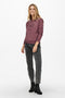 Front image of a model wearing the Paris l/s glitter sweatshirt in burgundy, by brand Jacqueline de yong
