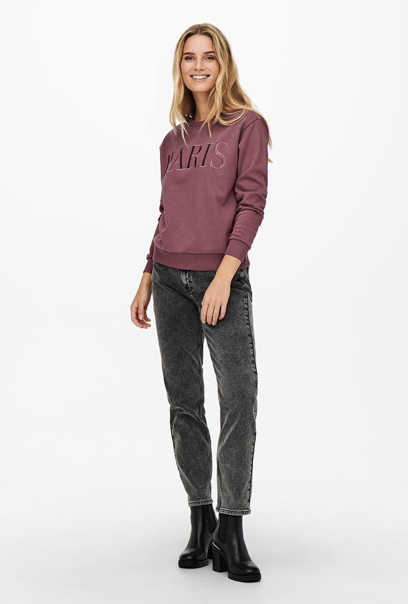 Front image of a model wearing Paris l/s glitter sweatshirt in burgundy, by brand Jacqueline de yong