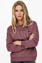 Front image of a model wearing the Paris l/s glitter sweatshirt in burgundy, by brand Jacqueline de yong