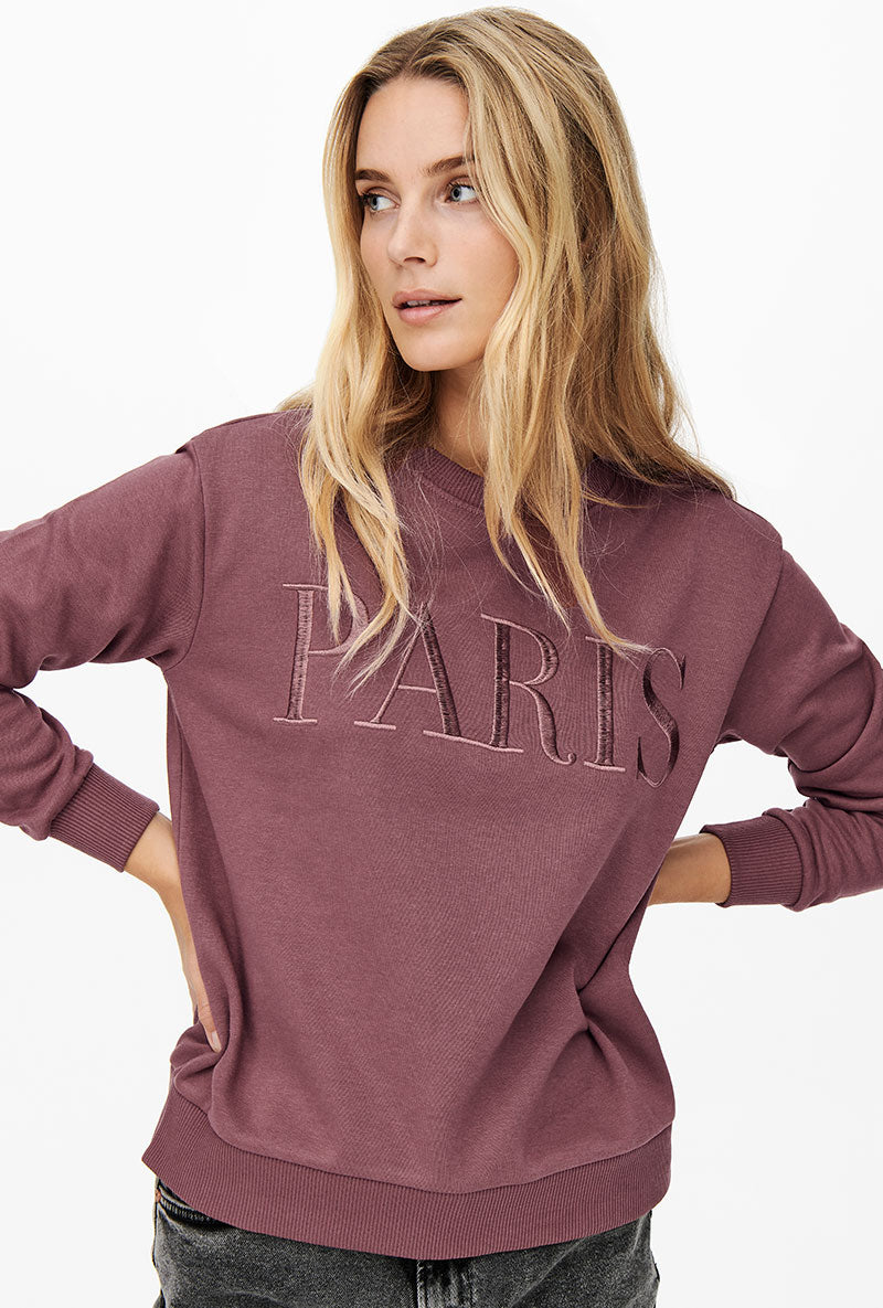 Front image of a model wearing Paris l/s glitter sweatshirt in burgundy, by brand Jacqueline de yong