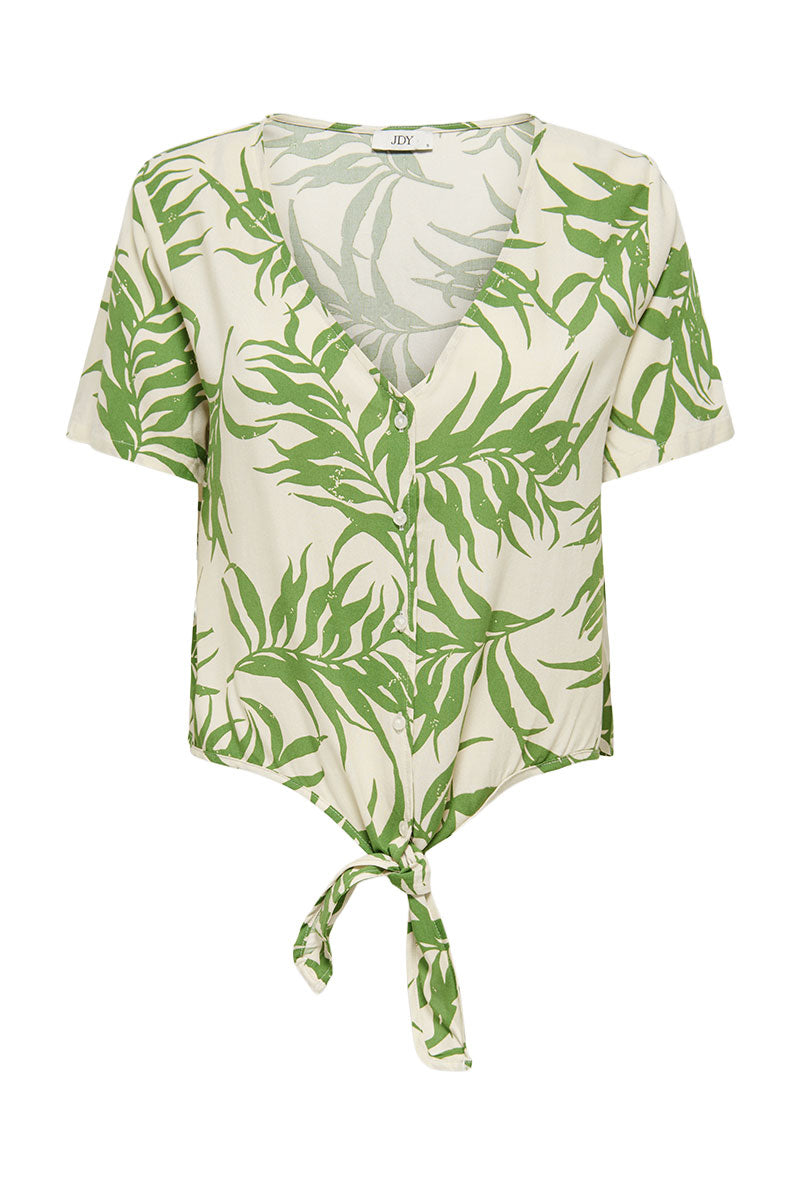 Front image of Sezen life s/s knot shrit in green, by brand Jacqueline de yong
