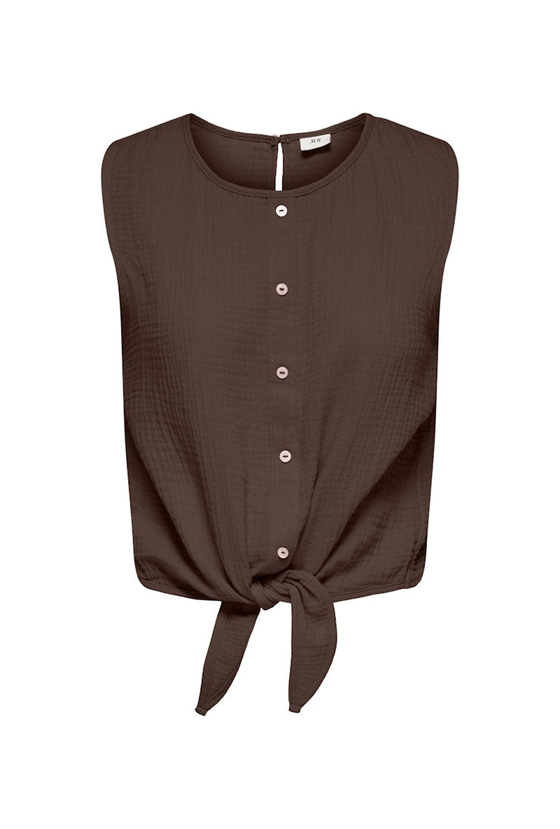 Front image of Theis life button top in brown, by brand Jacqueline de yong