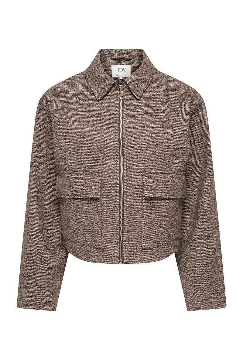 Front image of Vinga herringbone jacket in chocolate, by brand Jacqueline de yong