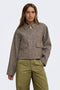 Front image of a model wearing Vinga herringbone jacket in chocolate, by brand Jacqueline de yong