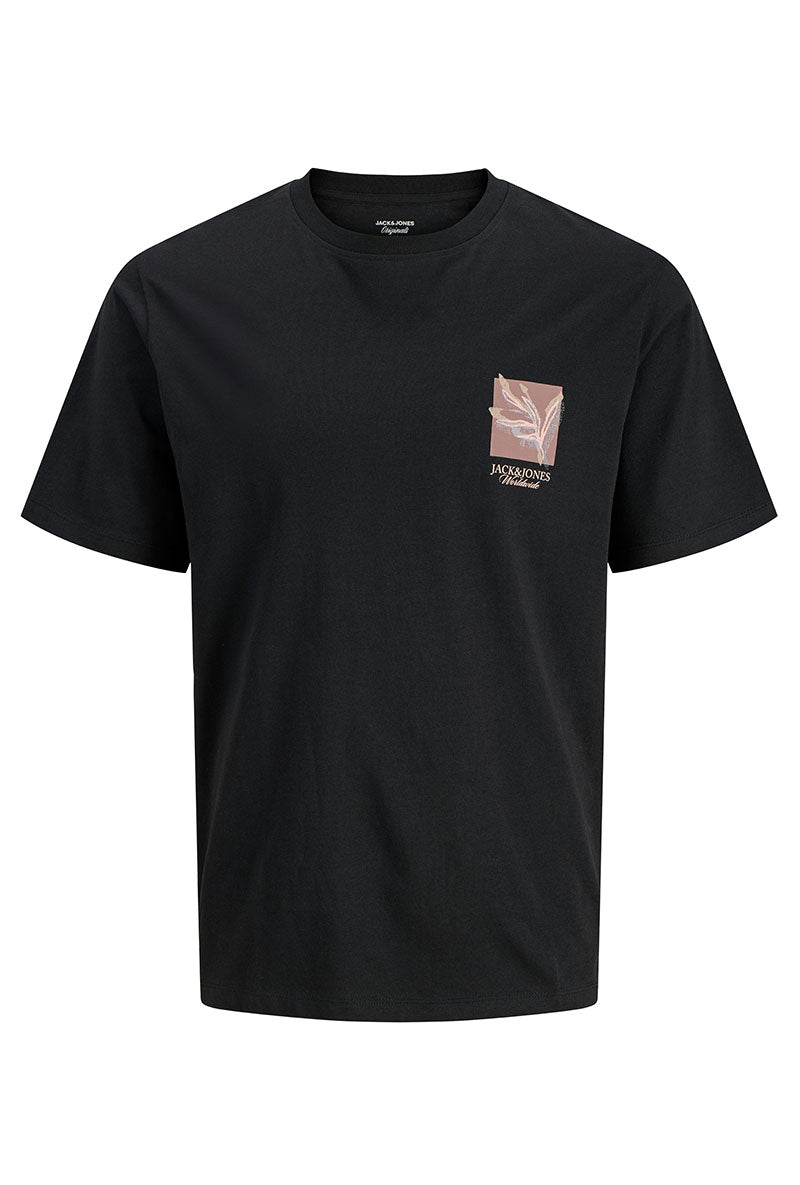 Front image of Montauk chestie ss tee in black, by brand Jack&jones