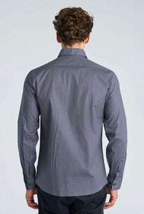 Back image of a model wearing the Aop stretch ls shirt in navy, by brand Lindbergh