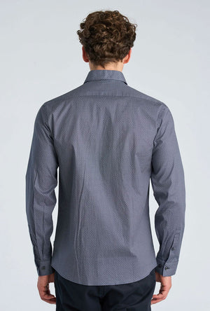 Back image of a model wearing the Aop stretch ls shirt in navy, by brand Lindbergh
