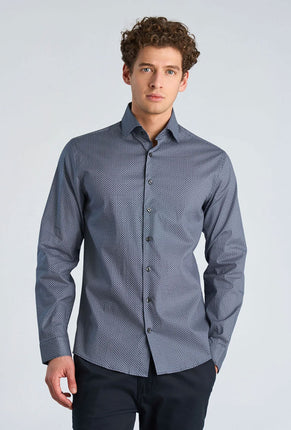 Front image of a model wearing Aop stretch ls shirt in navy, by brand Lindbergh