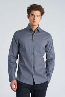 Front image of a model wearing the Aop stretch ls shirt in navy, by brand Lindbergh