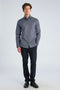 Front image of a model wearing the Aop stretch ls shirt in navy, by brand Lindbergh