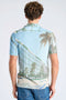 Back image of a model wearing the Aop summer viscose shirt in sky, by brand Lindbergh
