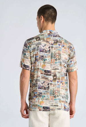 Back image of a model wearing the Aop vintage shirt in all over print, by brand Lindbergh