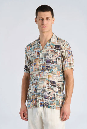 Front image of a model wearing Aop vintage shirt in all over print, by brand Lindbergh