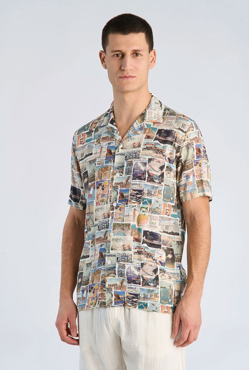 Front image of a model wearing Aop vintage shirt in all over print, by brand Lindbergh