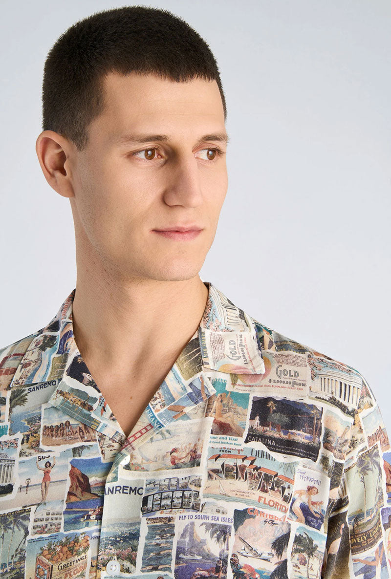 Front image of a model wearing Aop vintage shirt in all over print, by brand Lindbergh