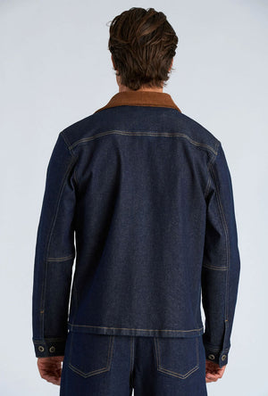 Back image of a model wearing the Corduroy collar overshirt in dark denim, by brand Lindbergh