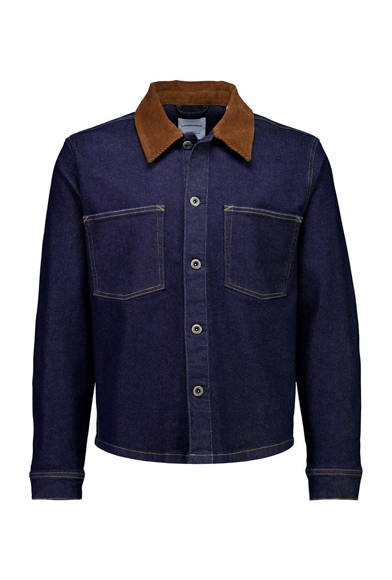 Front image of Corduroy collar overshirt in dark denim, by brand Lindbergh