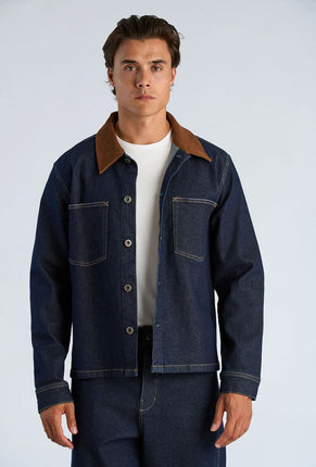 Front image of a model wearing Corduroy collar overshirt in dark denim, by brand Lindbergh
