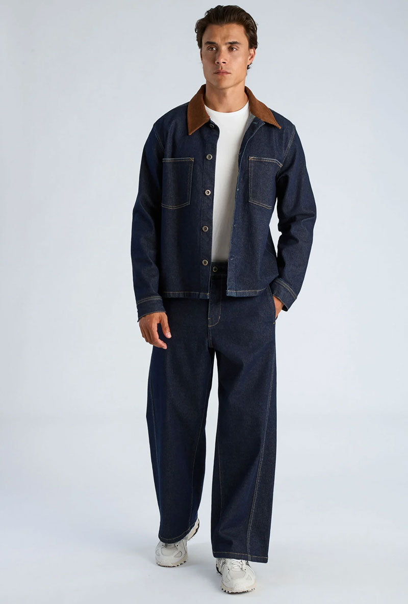 Front image of a model wearing Corduroy collar overshirt in dark denim, by brand Lindbergh