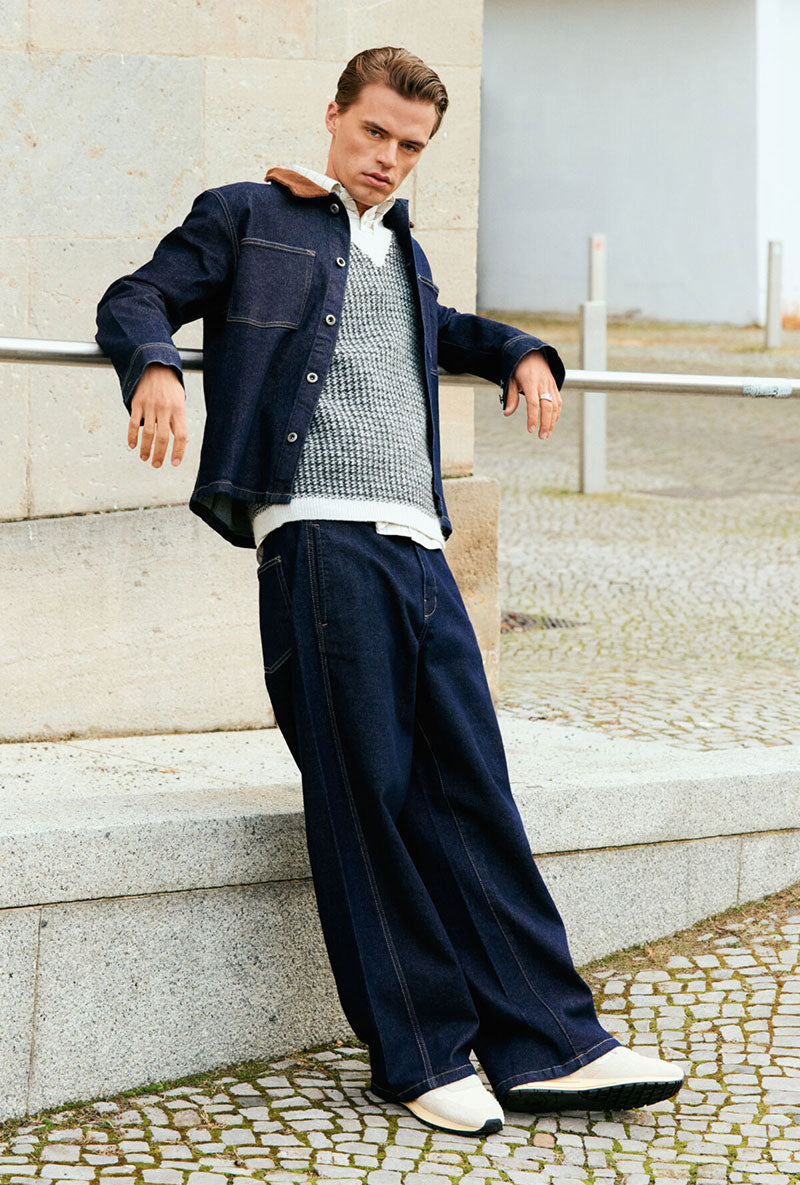 Front image of a model wearing Corduroy collar overshirt in dark denim, by brand Lindbergh