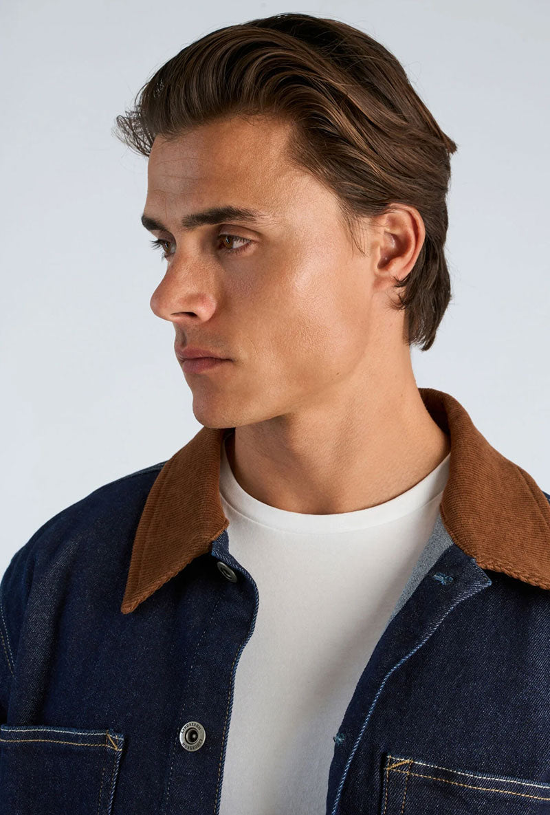 Front image of a model wearing Corduroy collar overshirt in dark denim, by brand Lindbergh
