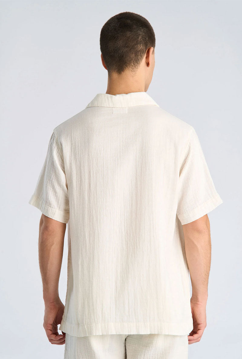 Back image of a model wearing Cotton muslin resort shirt in off white, by brand Lindbergh