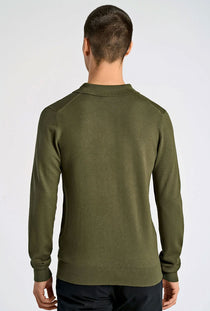 Back image of a model wearing the Lindbergh ecovero l/s zip polo in khaki, by brand Lindbergh