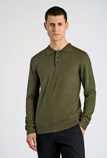 Front image of a model wearing the Lindbergh ecovero l/s zip polo in khaki, by brand Lindbergh