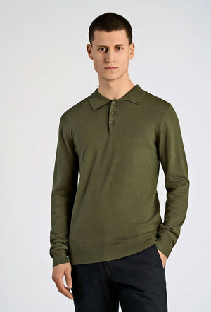 Front image of a model wearing the Lindbergh ecovero l/s zip polo in khaki, by brand Lindbergh