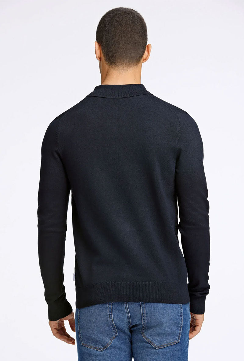 Back image of a model wearing Lindbergh ecovero l/s zip polo in navy, by brand Lindbergh