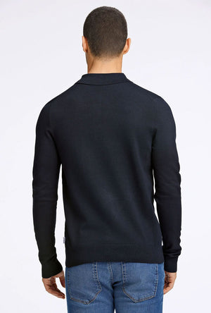 Back image of a model wearing the Lindbergh ecovero l/s zip polo in navy, by brand Lindbergh