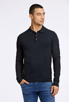 Front image of a model wearing Lindbergh ecovero l/s zip polo in navy, by brand Lindbergh