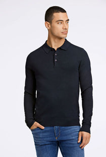 Front image of a model wearing the Lindbergh ecovero l/s zip polo in navy, by brand Lindbergh