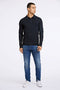 Front image of a model wearing the Lindbergh ecovero l/s zip polo in navy, by brand Lindbergh