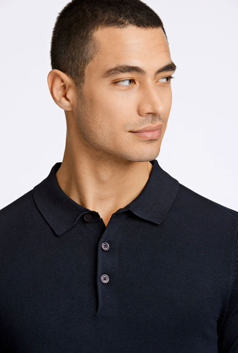 Front image of a model wearing Lindbergh ecovero l/s zip polo in navy, by brand Lindbergh