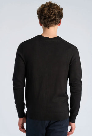 Back image of a model wearing the Ecovero vneck cardigan in black, by brand Lindbergh